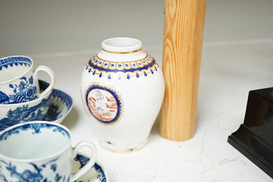 18th century tableware to include Chamberlains Worcester dish and blue and white Worcester teacups, largest 14cm high